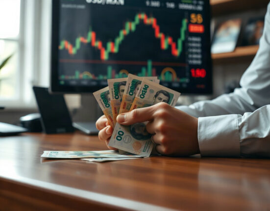 Mexican Peso banknotes on a desk with a financial chart in the background, representing Banxico policy impact.