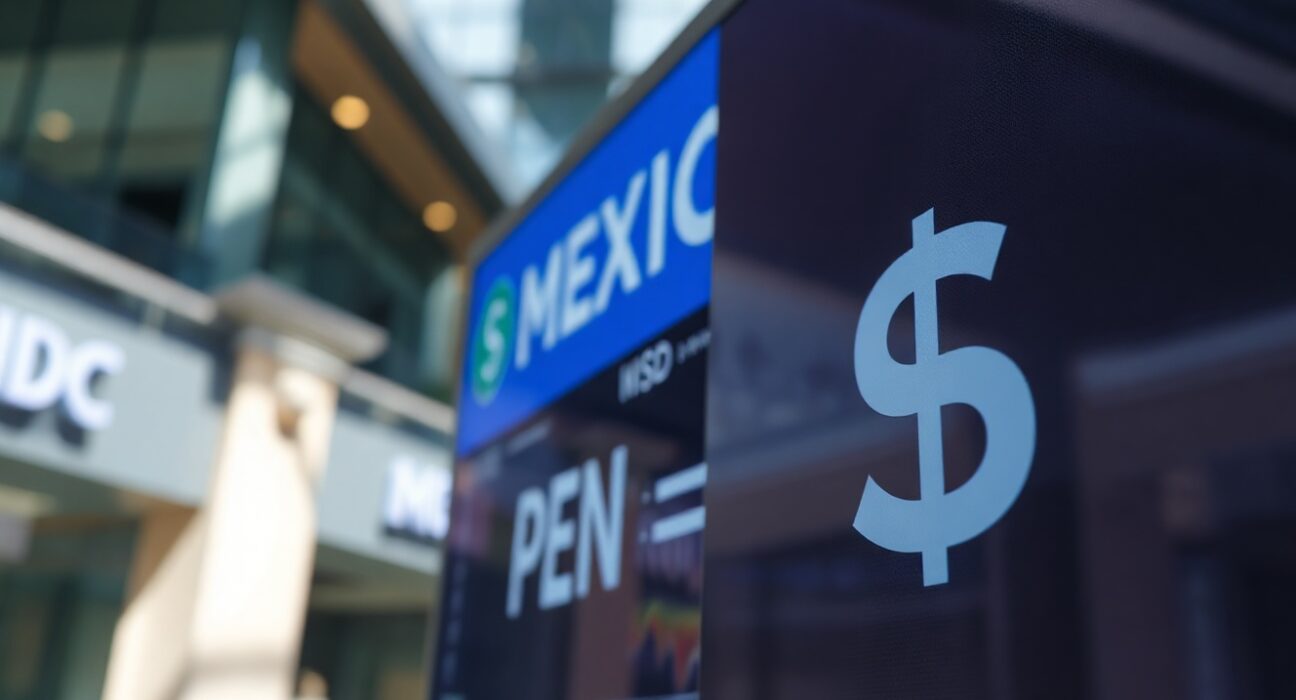 Currency exchange board showing MXN and USD rates in a financial district