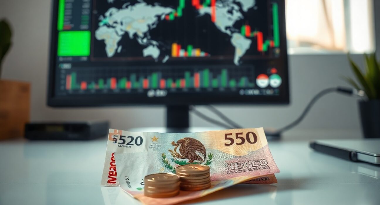 Mexican Peso banknotes and coins on a desk with a financial chart in the background, representing currency market movements.