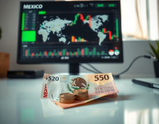 Mexican Peso banknotes and coins on a desk with a financial chart in the background, representing currency market movements.