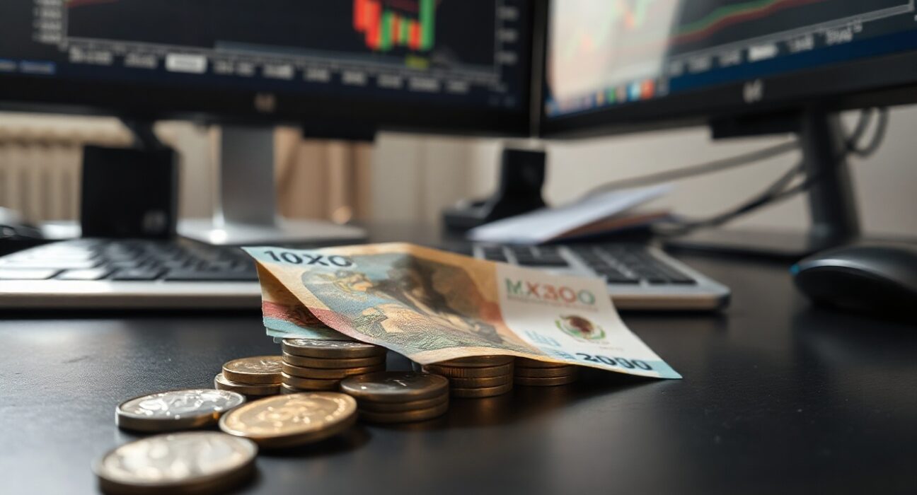 Mexican Peso banknotes and coins on a desk with a financial chart in the background
