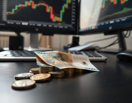 Mexican Peso banknotes and coins on a desk with a financial chart in the background