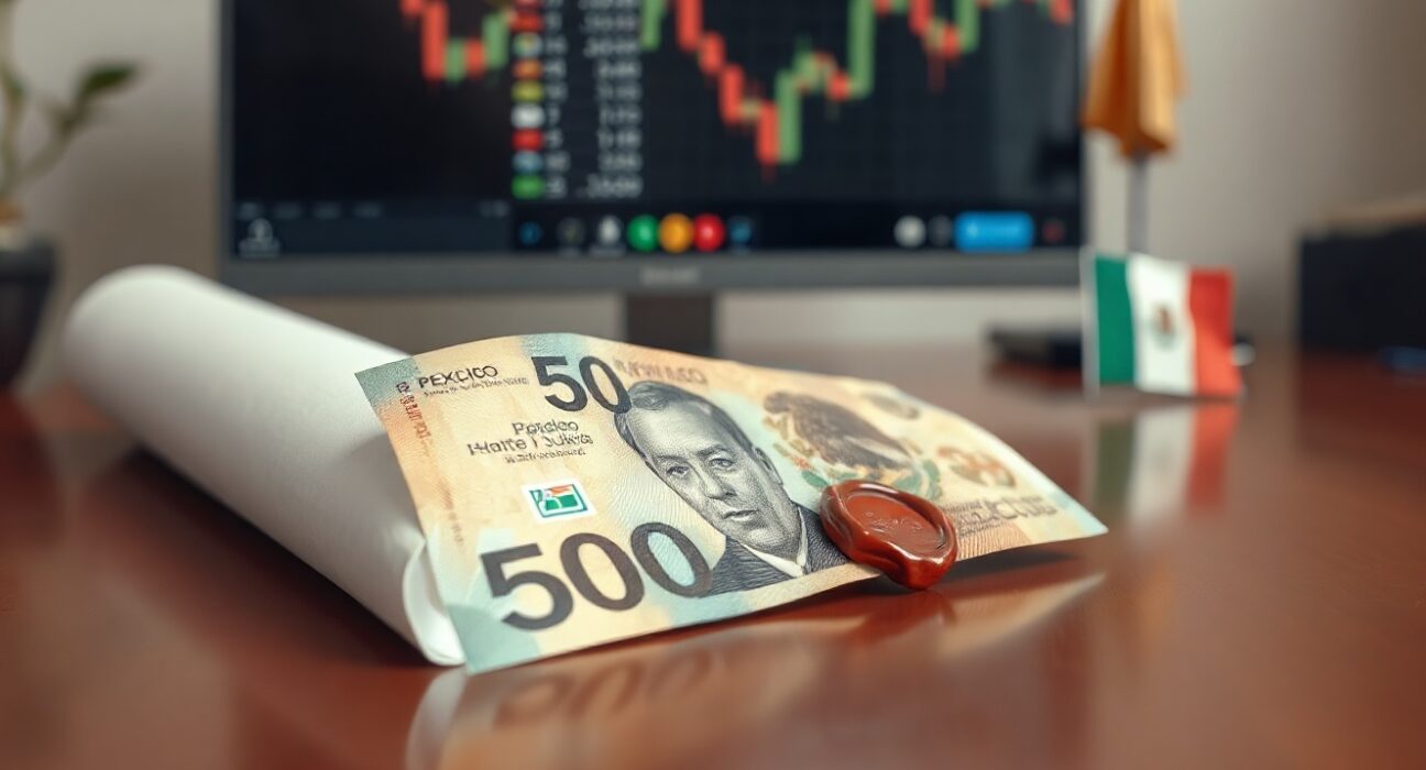 Mexican peso banknote on a desk with trade documents and a computer screen showing forex charts