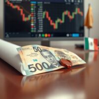 Mexican peso banknote on a desk with trade documents and a computer screen showing forex charts