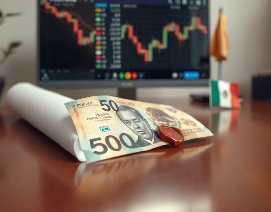 Mexican peso banknote on a desk with trade documents and a computer screen showing forex charts
