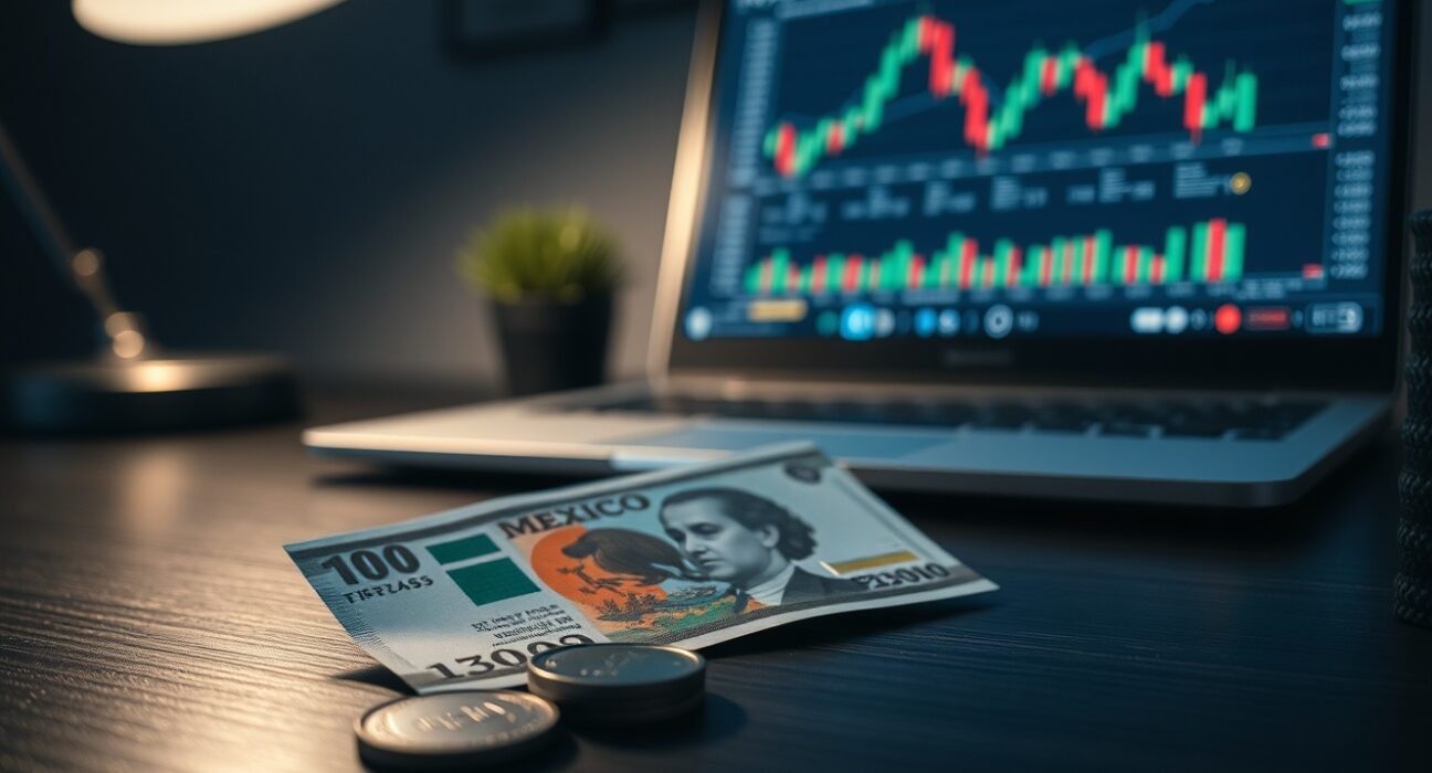 Mexican peso banknotes and coins on a desk with a laptop showing financial charts in the background.