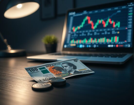 Mexican peso banknotes and coins on a desk with a laptop showing financial charts in the background.