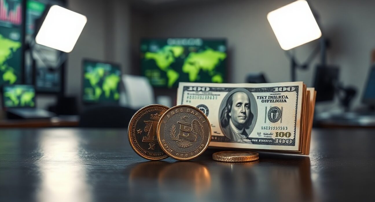 Mexican Peso coins and US Dollar bills on a desk, symbolizing the currency market reaction to Banxico's rate decision.