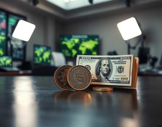 Mexican Peso coins and US Dollar bills on a desk, symbolizing the currency market reaction to Banxico's rate decision.