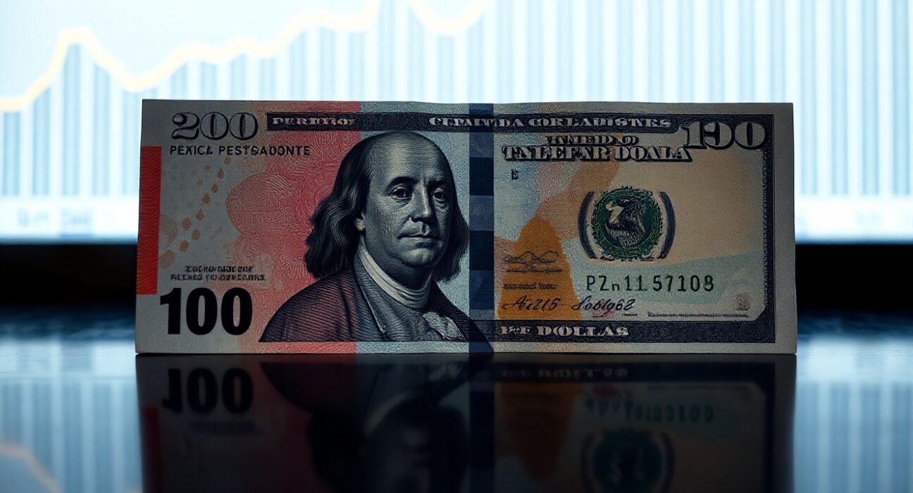 Mexican peso and US dollar banknotes on a reflective surface with a financial chart in the background