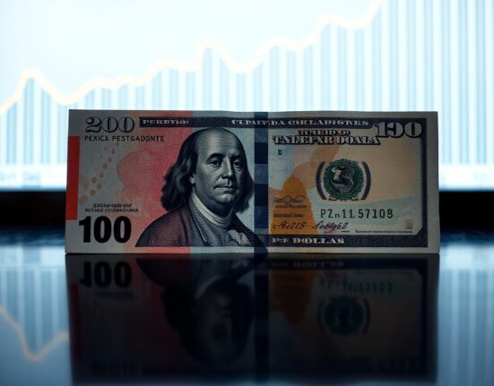Mexican peso and US dollar banknotes on a reflective surface with a financial chart in the background