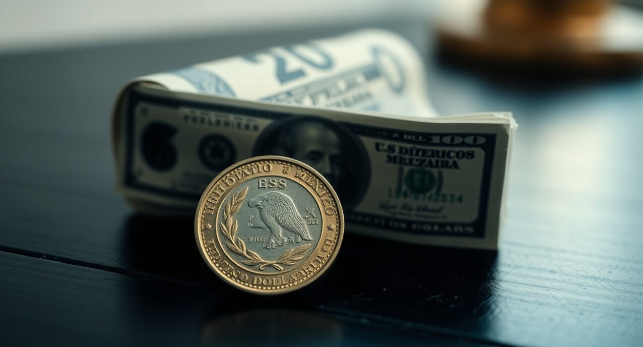 Mexican peso coin and US dollar bill on a wooden surface representing currency exchange rate movement.