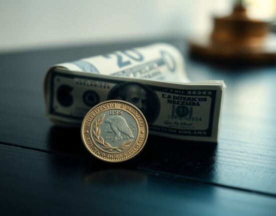 Mexican peso coin and US dollar bill on a wooden surface representing currency exchange rate movement.