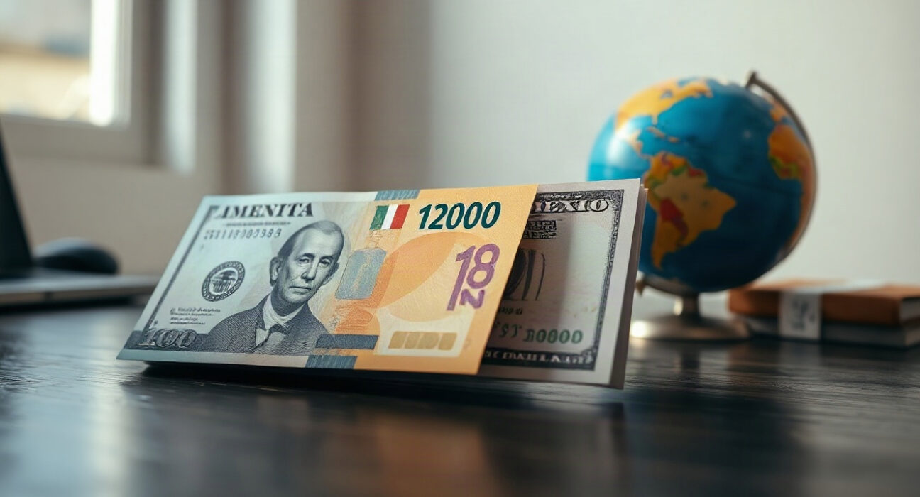 Mexican Peso and US Dollar banknotes on a desk, representing currency market volatility