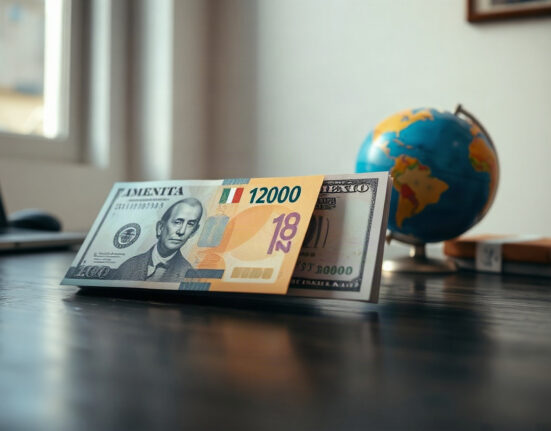 Mexican Peso and US Dollar banknotes on a desk, representing currency market volatility