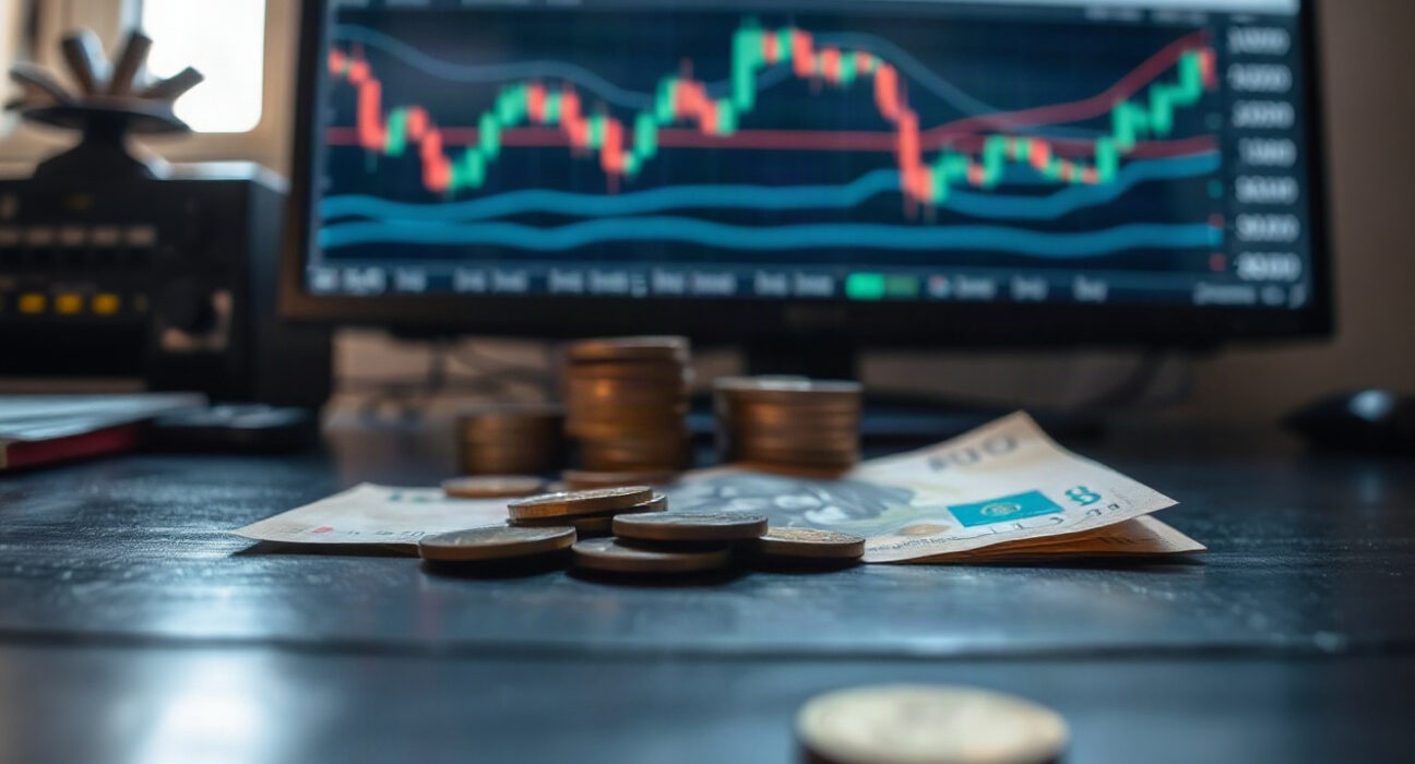Mexican Peso banknotes and coins on a desk with a financial chart in the background