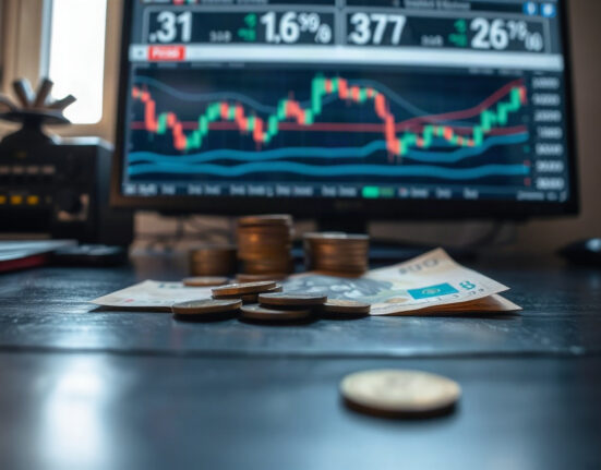Mexican Peso banknotes and coins on a desk with a financial chart in the background