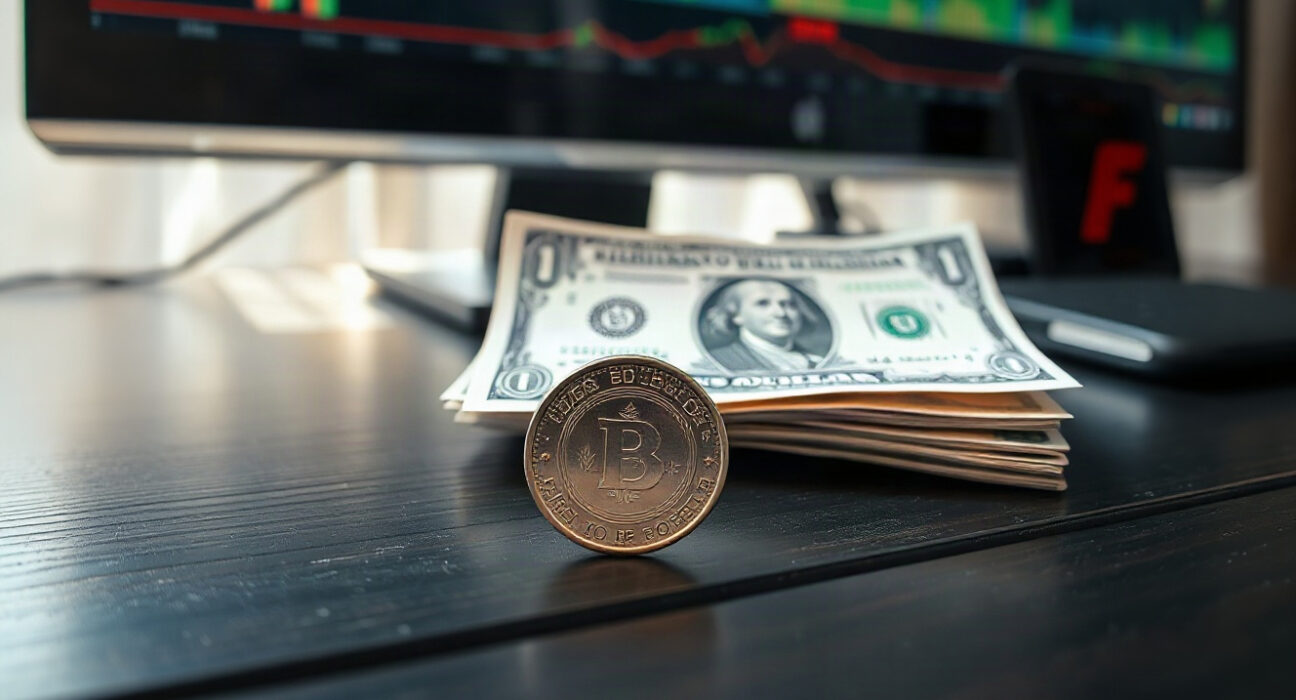 Mexican Peso coin and US Dollar bill on a desk, symbolizing the USD/MXN exchange rate.
