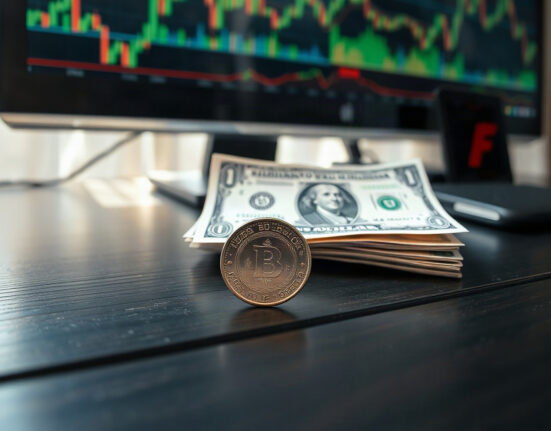 Mexican Peso coin and US Dollar bill on a desk, symbolizing the USD/MXN exchange rate.
