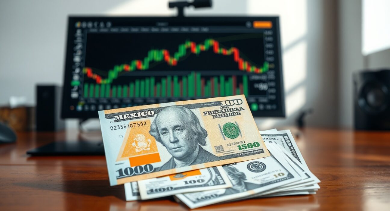 Mexican peso and US dollar banknotes on a desk with a financial chart in the background