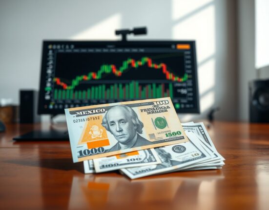 Mexican peso and US dollar banknotes on a desk with a financial chart in the background