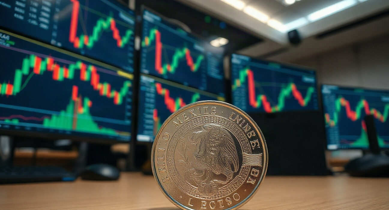 Mexican Peso banknote and forex charts on a trading desk, representing USD/MXN market movements