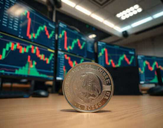 Mexican Peso banknote and forex charts on a trading desk, representing USD/MXN market movements