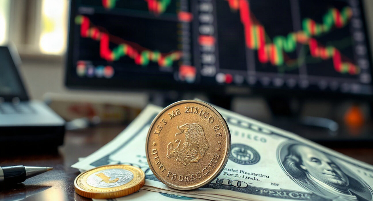 Mexican Peso coins and US Dollar bills on a desk with a blurred market chart in the background