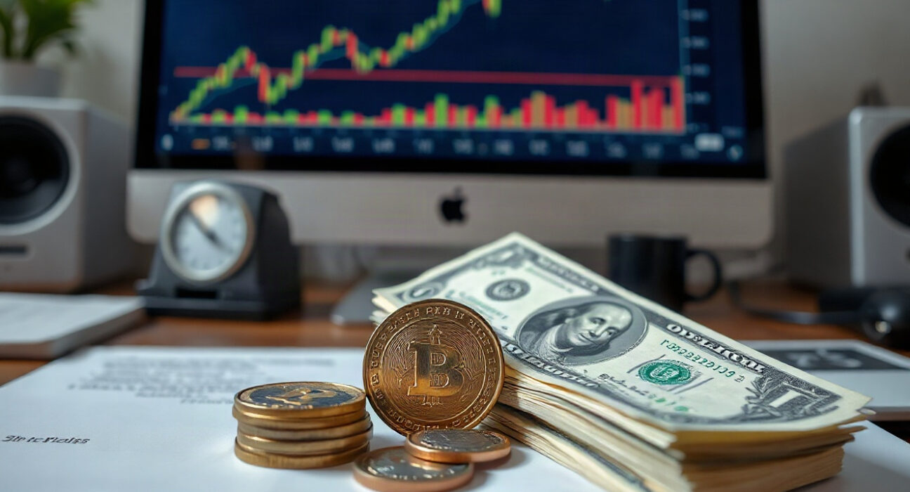 Mexican Peso coins and US dollar bills on a desk with a currency chart on a monitor in the background