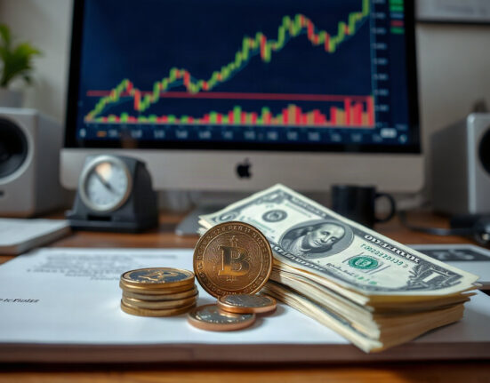 Mexican Peso coins and US dollar bills on a desk with a currency chart on a monitor in the background
