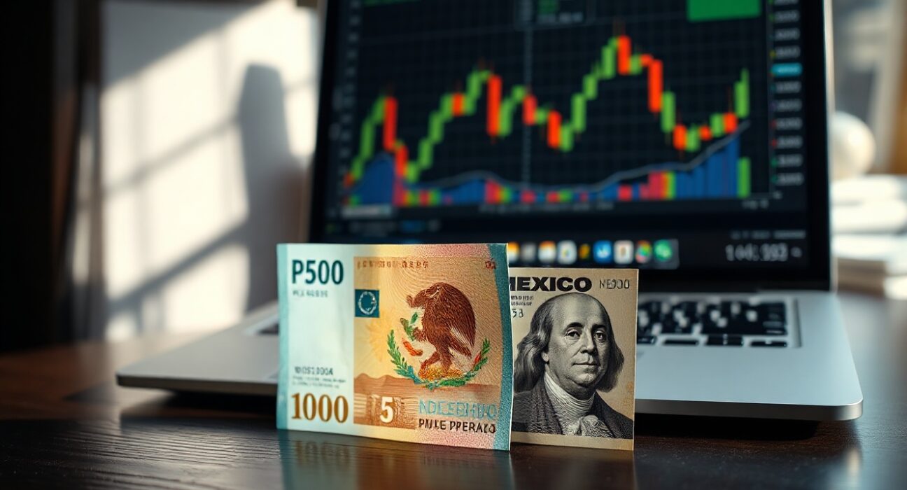 Mexican Peso and US Dollar banknotes with a forex chart in background, symbolizing currency market movements.