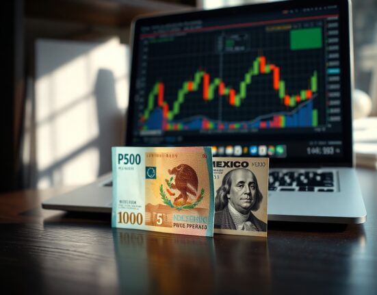 Mexican Peso and US Dollar banknotes with a forex chart in background, symbolizing currency market movements.