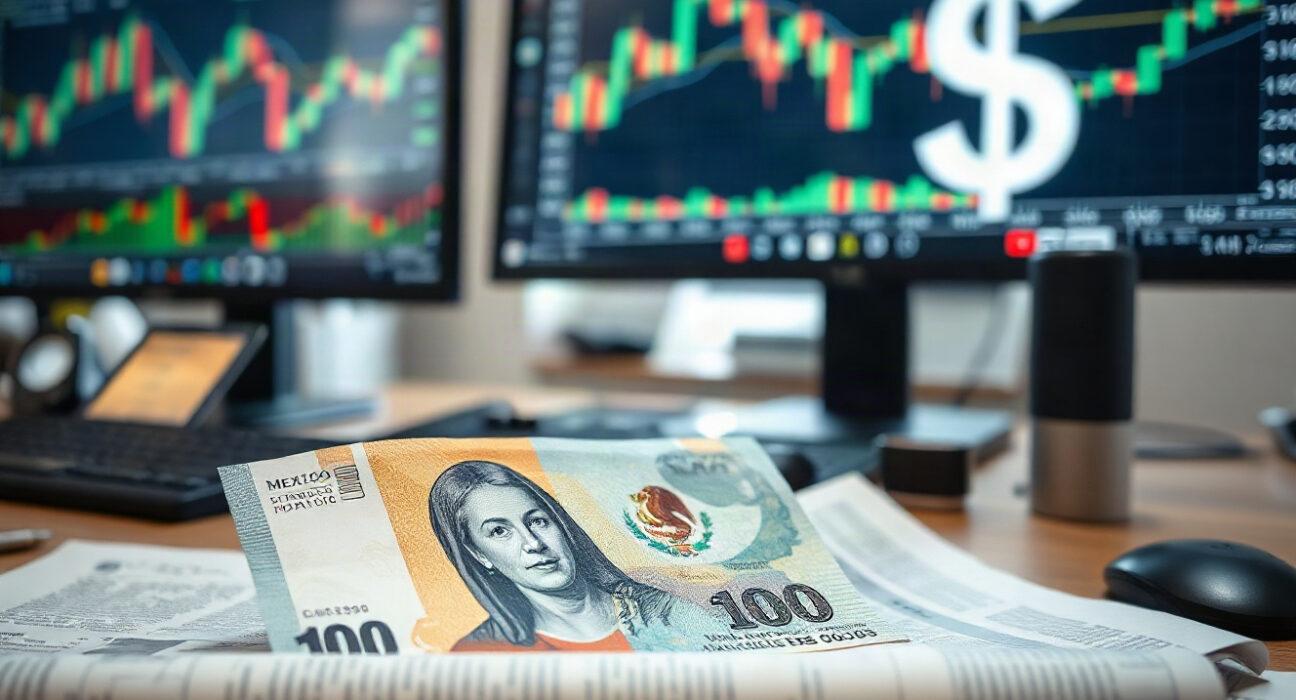 Mexican peso banknote near financial charts, representing currency rally to two-year high
