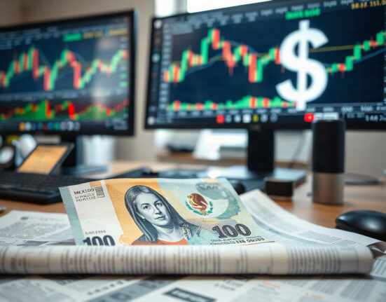 Mexican peso banknote near financial charts, representing currency rally to two-year high