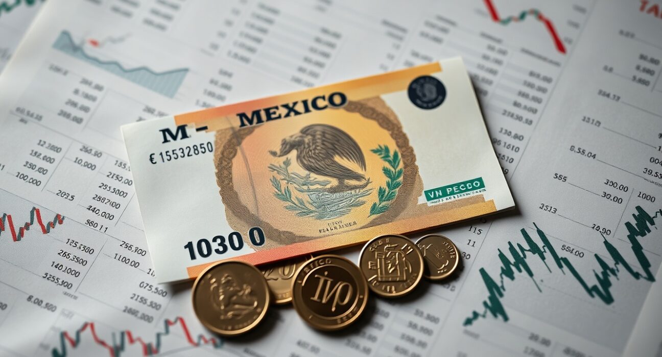 Mexican Peso coins and banknotes on a financial chart background representing currency market analysis.