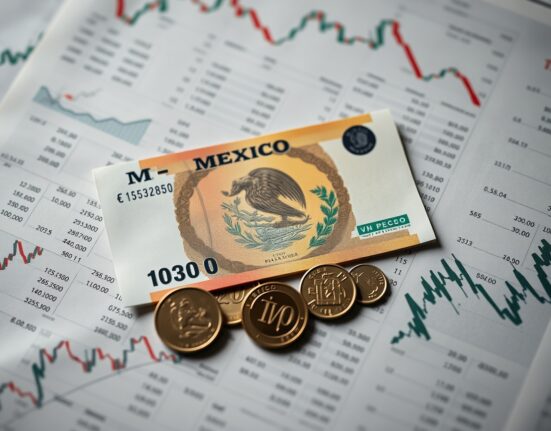 Mexican Peso coins and banknotes on a financial chart background representing currency market analysis.