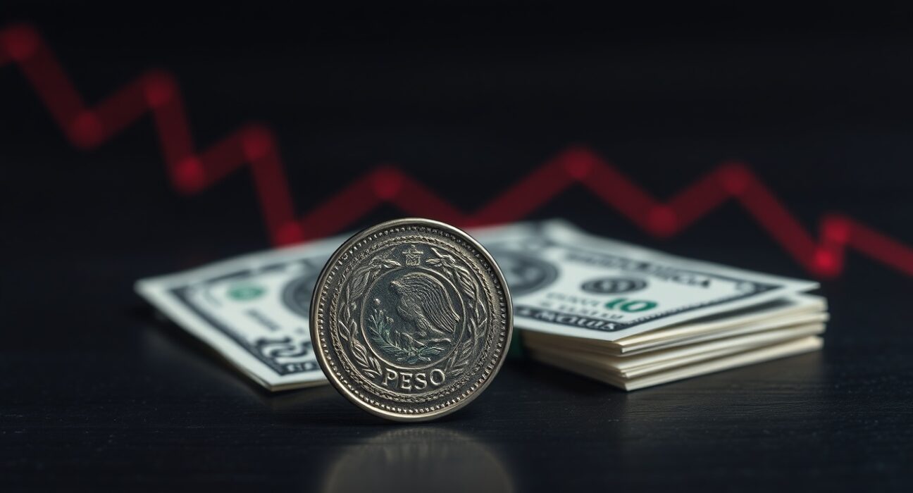 Mexican Peso coin and US dollar bills with downward chart trend representing currency depreciation