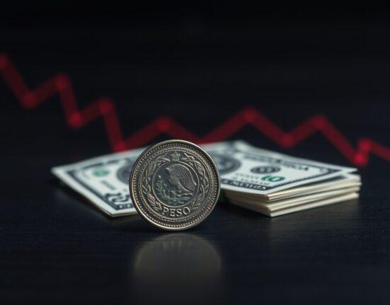 Mexican Peso coin and US dollar bills with downward chart trend representing currency depreciation