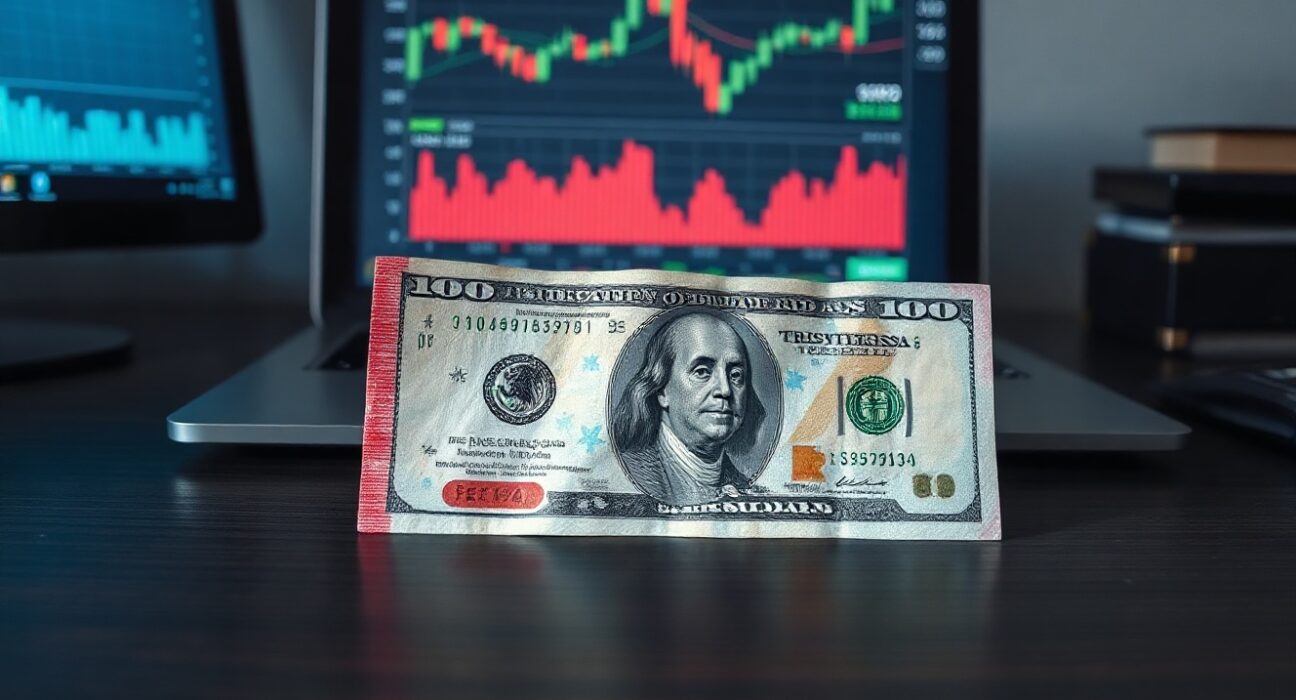 Mexican peso and US dollar banknotes on a desk with financial charts on a laptop screen