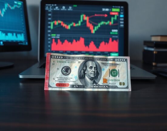 Mexican peso and US dollar banknotes on a desk with financial charts on a laptop screen