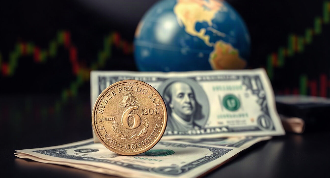 Mexican peso and US dollar banknotes with financial charts in background