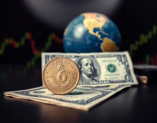 Mexican peso and US dollar banknotes with financial charts in background