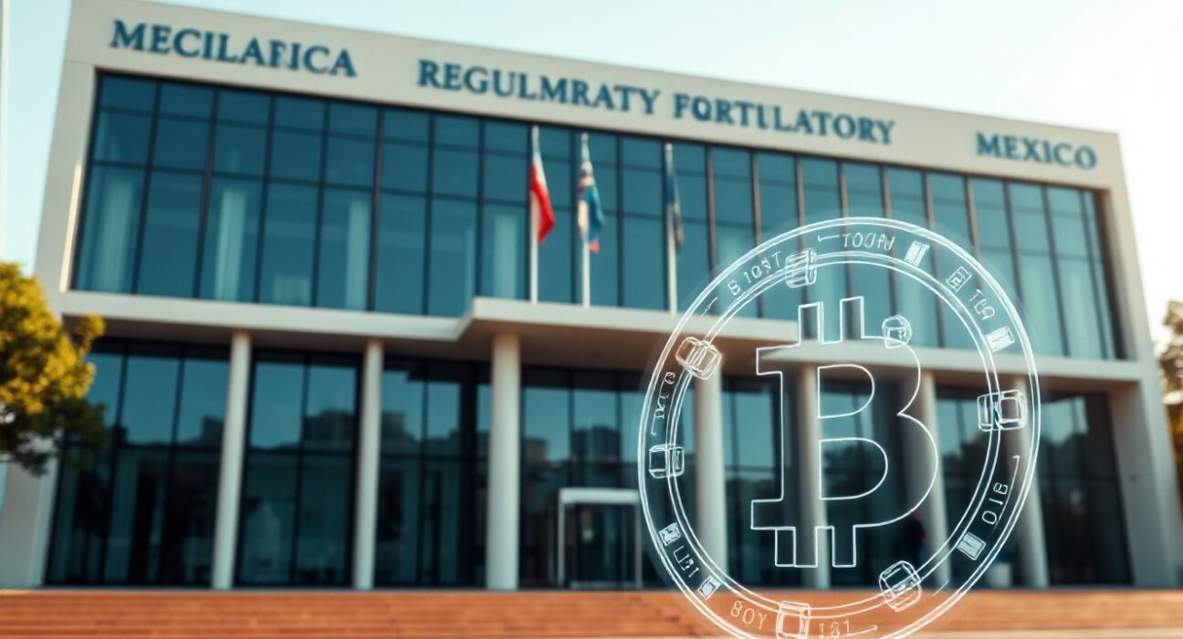 Exterior of a modern financial regulatory building in Mexico City with a subtle holographic blockchain symbol
