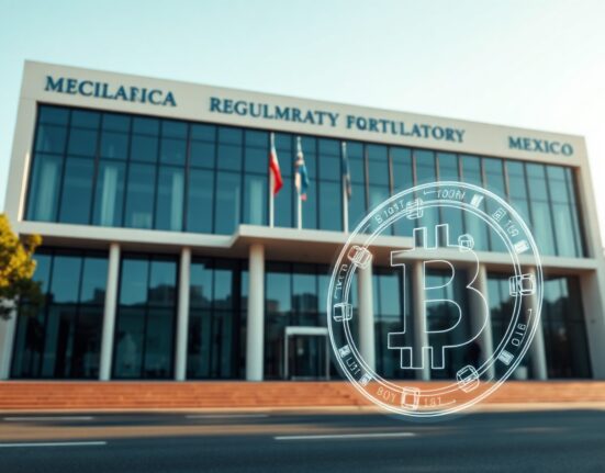 Exterior of a modern financial regulatory building in Mexico City with a subtle holographic blockchain symbol