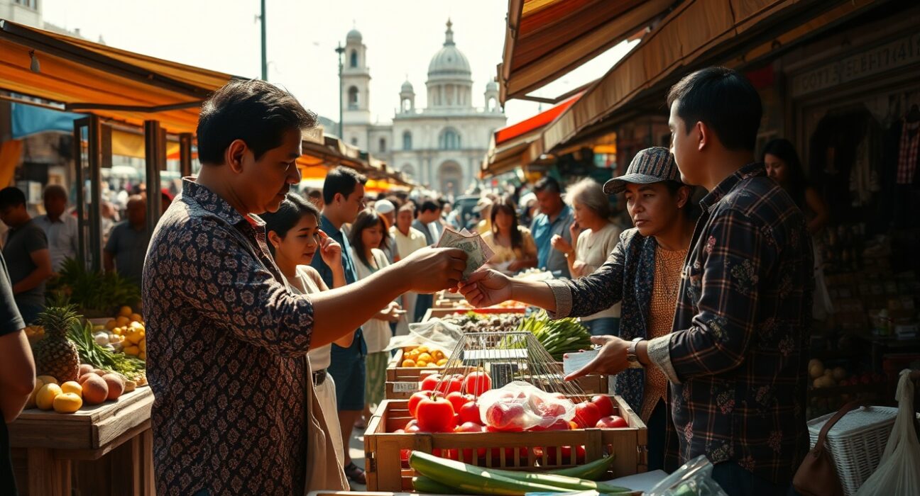 Shoppers at a busy outdoor market in Mexico City, reflecting consumer sentiment.