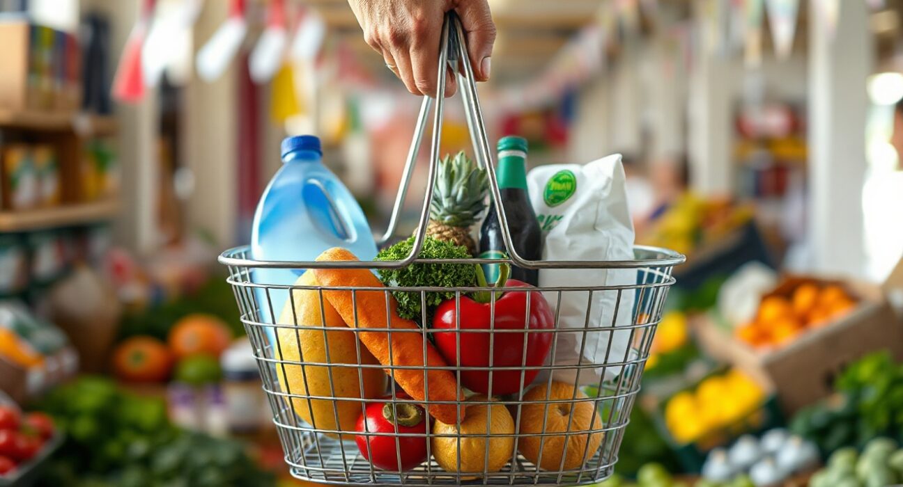 Shopper with basket of goods in a Mexican market, representing consumer prices