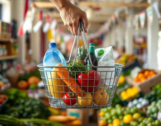 Shopper with basket of goods in a Mexican market, representing consumer prices