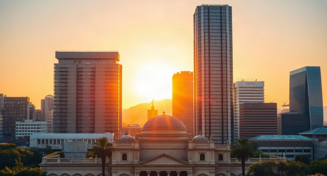 Mexico City skyline at sunset, symbolizing economic growth and the country's improved current account balance.