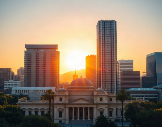Mexico City skyline at sunset, symbolizing economic growth and the country's improved current account balance.