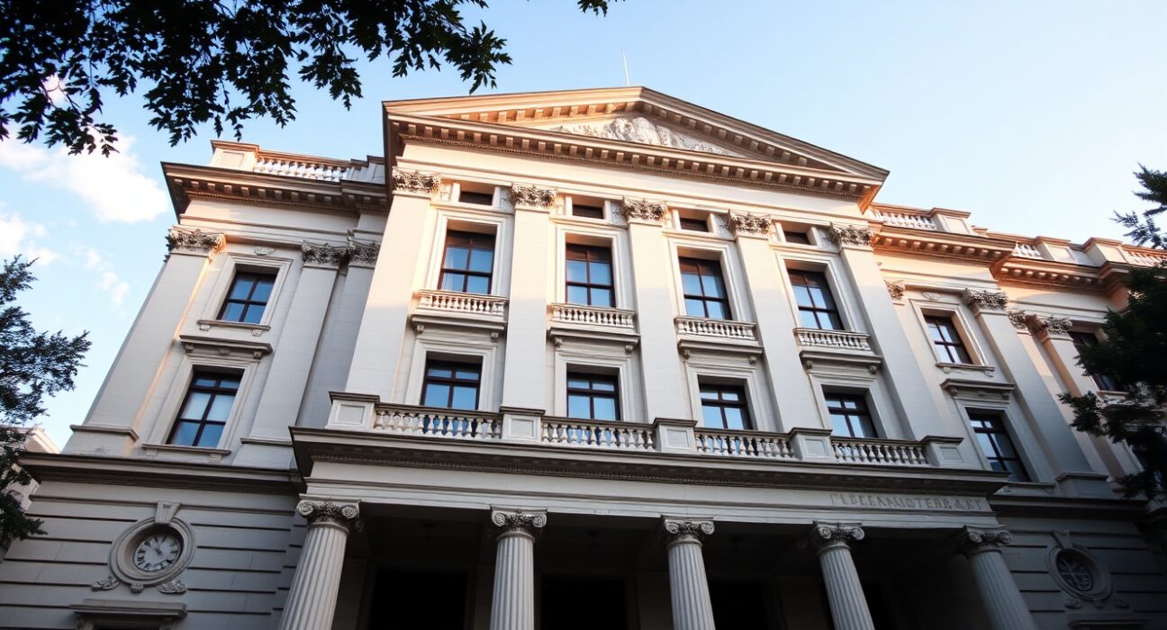 Exterior of the Mexican Ministry of Finance building in Mexico City on a sunny day
